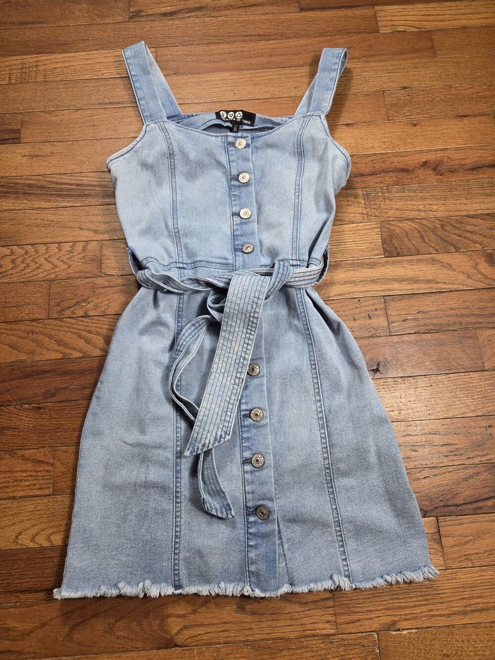 By Rewash Denim Mini Dress Womens M Blue Button Front Tie Waist Frayed Hem Y2K - Picture 1 of 7